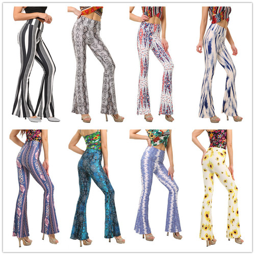 8241 European and American Style Slim Fit Hip-Hugging Printed Flared Pants for Women | Casual Trousers