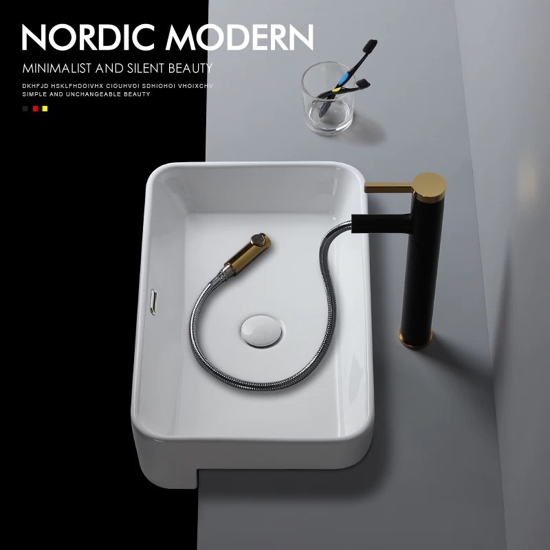 Semi-incrustado cuenca cuadrada profundización con desbordamiento boca semi-Colgante lavabo superior baño lavabo de cerámica