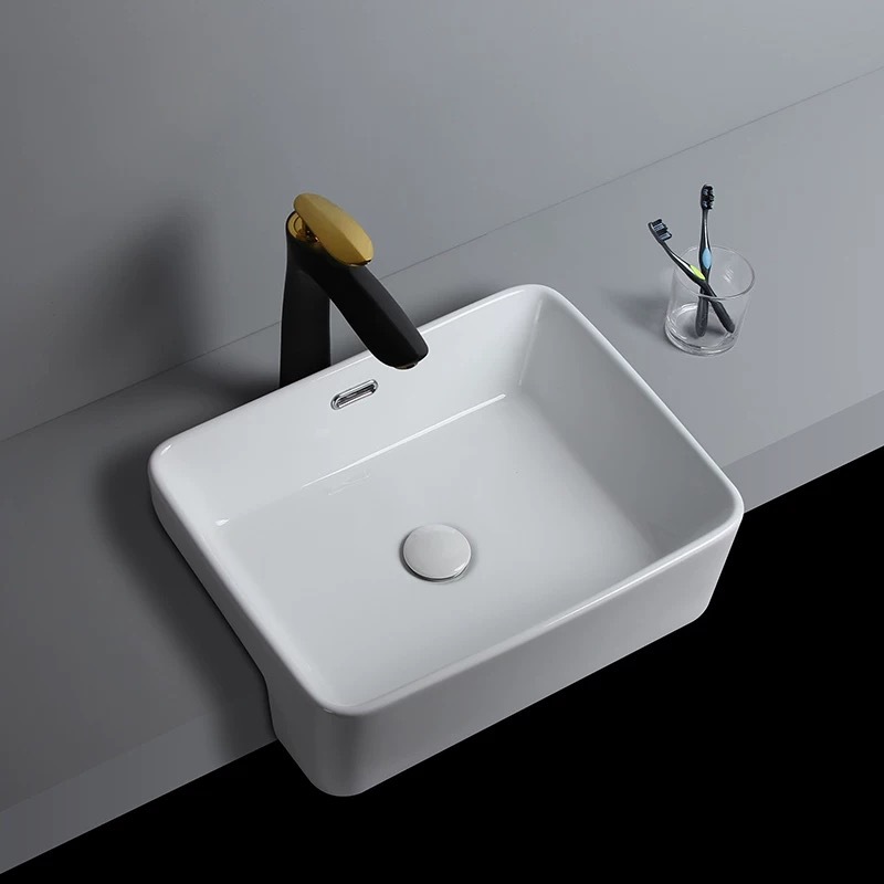 Semi-incrustado cuenca cuadrada profundización con desbordamiento boca semi-Colgante lavabo superior baño lavabo de cerámica