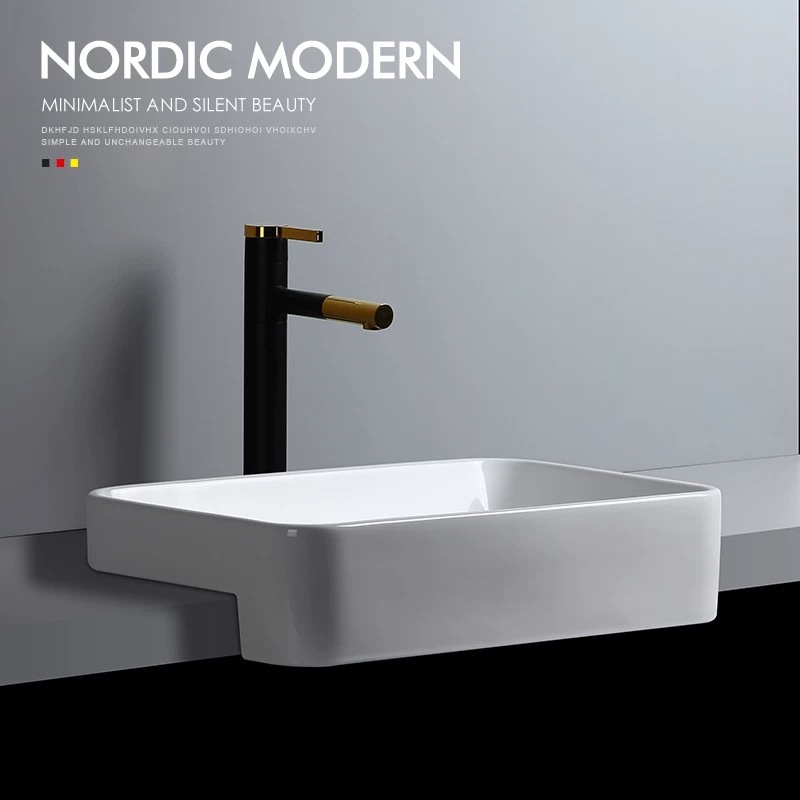 Semi-incrustado cuenca cuadrada profundización con desbordamiento boca semi-Colgante lavabo superior baño lavabo de cerámica