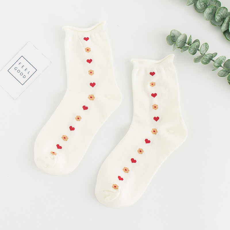 DAMEI Corea del Sur primavera y verano lindo calcetines de algodón puro amor de las mujeres pequeña flor curling media pantorrilla calcetines de moda ins calcetines japoneses