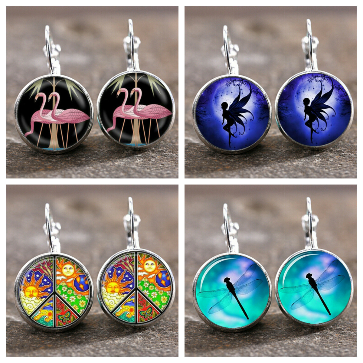 跨境ebay新品太阳和月亮和平标志 蜻蜓火烈鸟时光宝石耳环