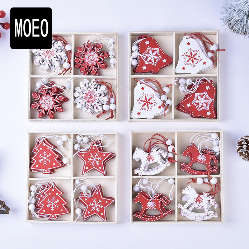 Decoraciones navideñas creativas, colgantes de madera navideños, juego de cajas para árbol DIY, renos, campanas, ángeles, corazones, regalos