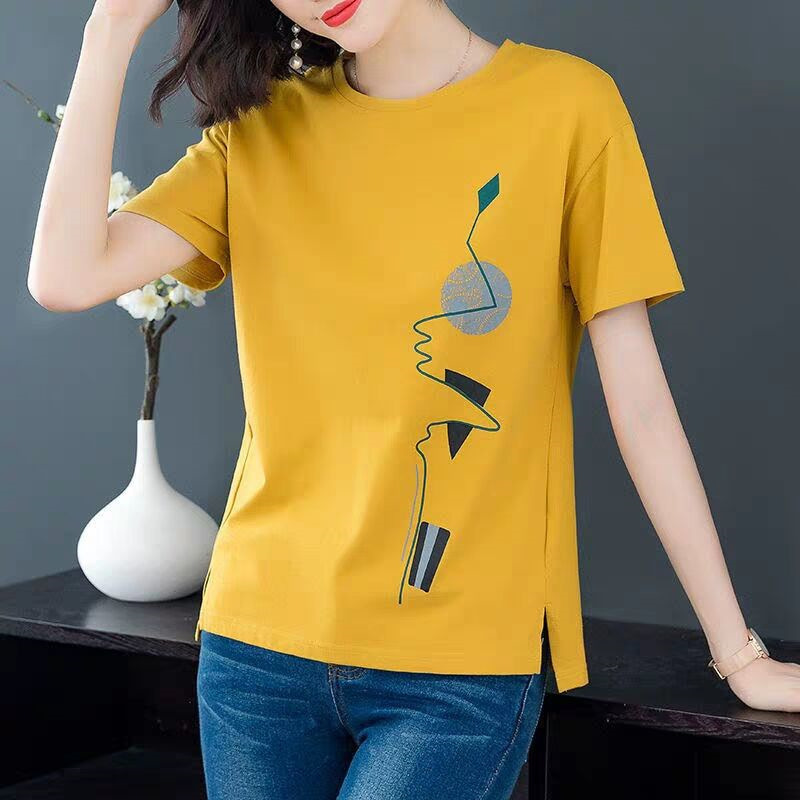 Short-sleeved T-shirt Women's 2025 New Women's Summer Korean-style Loose plus size chubby girl Artistic Printed T-shirt Trendy Top