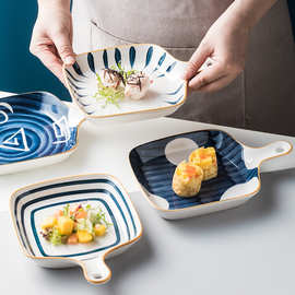 批发日式餐具机印釉下彩陶瓷8寸单柄烤盘家用牛排盘子创意个性