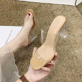 拖鞋女2024新款夏季韩版透明水晶跟凉拖鞋女式粗跟高跟套脚女鞋