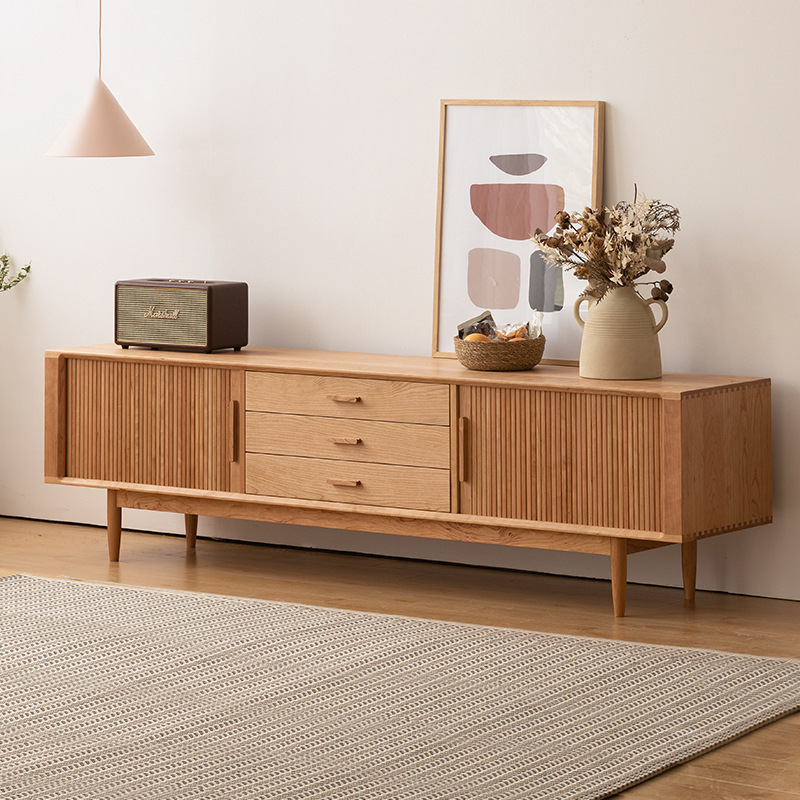 Wide Wood Narrow Design Kanon Tv Cabinet Cherry Wood Solid Wood Small Apartment Japanese-Style Living Room Storage Cabinet Factory Delivery for Home Use
