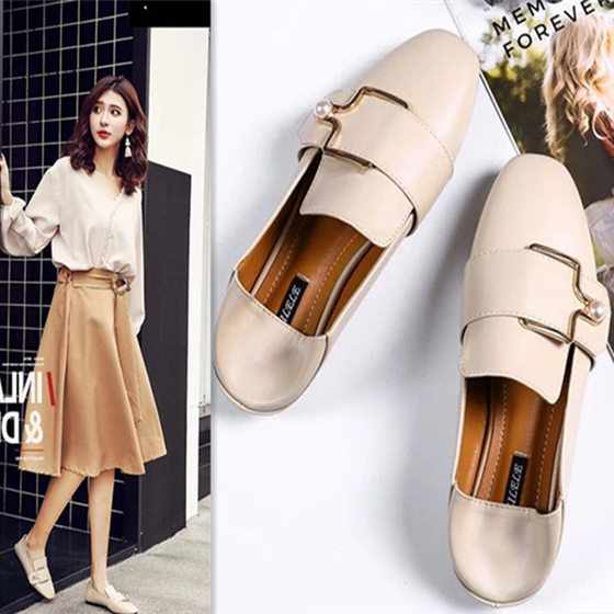 Harajuku style tods women's summer cute social flat shoes round buckle belt 2023 new retro small leather shoes