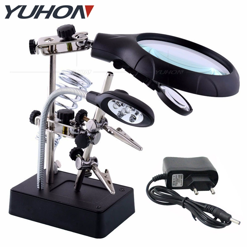 90 мм Многофункциональная СВЕТОДИОДНАЯ лампа с тремя увеличением, Вспомогательный зажим, кронштейн для сварки, обслуживания, вставная настольная лампа, увеличительное стекло