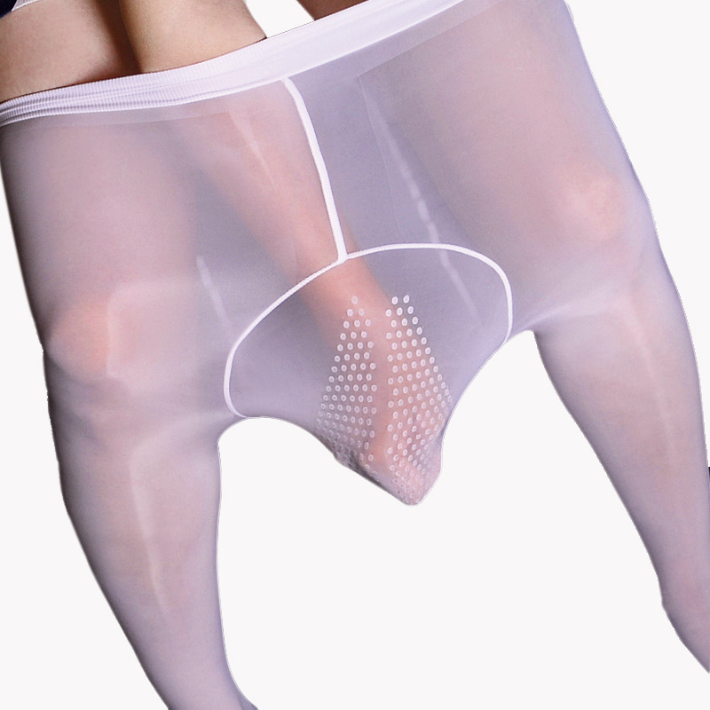 Qinghe hombres medias aceitoso sexy JJ conjunto de silicona cubierta de masaje abierto ultra-Delgado transparente sedoso apretado pantimedias