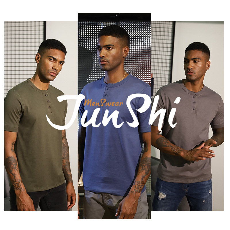 Carefully Selected Cross-Border Summer Henry Collar Simple Combed Cotton American New Retro Bottoming Shirt Men's Short-Sleeved T-Shirt
