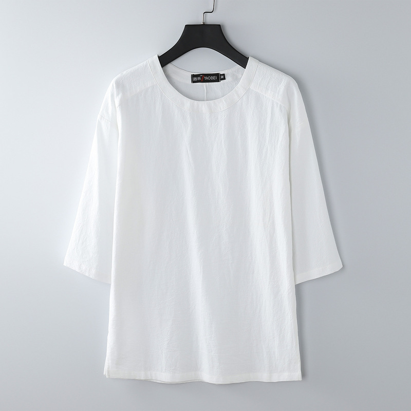 New plus size T-shirt men's short sleeve loose linen T-shirt retro Chinese style men's summer three-quarter sleeve cotton and linen T-shirt