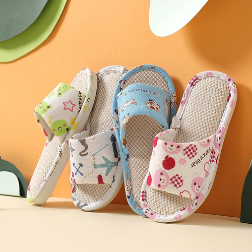 Spring and Summer Korean Style Parent-Child Indoor and Outdoor Linen Slippers for Women, Home Furnishing Fabric Wood Floor Children's Cool Slippers Wholesale
