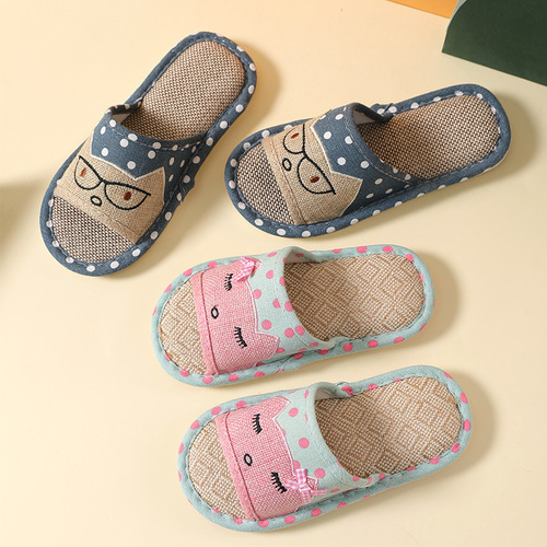 Spring and Summer Korean Style Parent-Child Indoor and Outdoor Linen Slippers for Women, Home Furnishing Fabric Wood Floor Children's Cool Slippers Wholesale