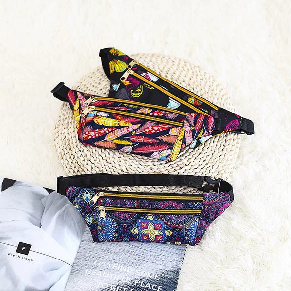 Ethnic Style Floral Cloth Waist Bag, Sports Running Multi-Functional Coin Purse, Ultra-Thin Women's Outdoor Mobile Phone Bag, Cross-Body Lightweight
