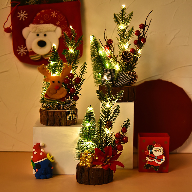 Mini Christmas tree with light light wood bottom desktop desktop…