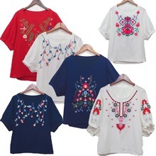 实拍夏季女装新款 民族风复古宽松刺绣棉麻文艺圆领短袖袖T恤衫女