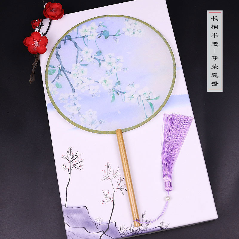 DIY estilo chino Palacio ventilador de la boda ventilador femenino estilo antiguo impreso de bambú ventilador redondo al por mayor danza clásica cara de seda ventilador