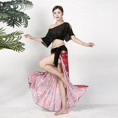 Baoguang Honghua Belly Dance Costume for Women Short Sleeve Sexy Mesh Floral Irregular Practice Suit for Beginners