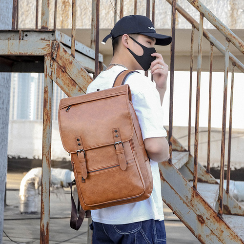 Business Casual Backpack New Simple Men's PU Dual-Shoulder Bag Outdoor Business Trip Travel Bag Large Capacity Computer Bag