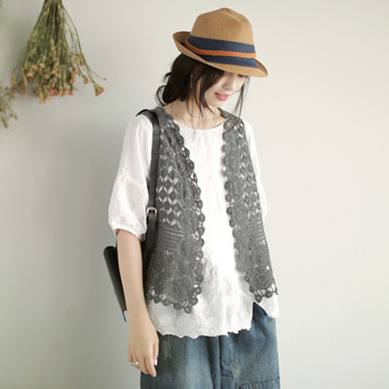Preppy style hollow-out vest for Women summer vintage crocheted all-match sleeveless gray thin outer cardigan Waistcoat Vest