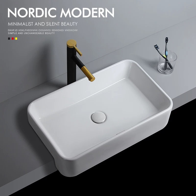 Semi-incrustado cuenca cuadrada profundización con desbordamiento boca semi-Colgante lavabo superior baño lavabo de cerámica