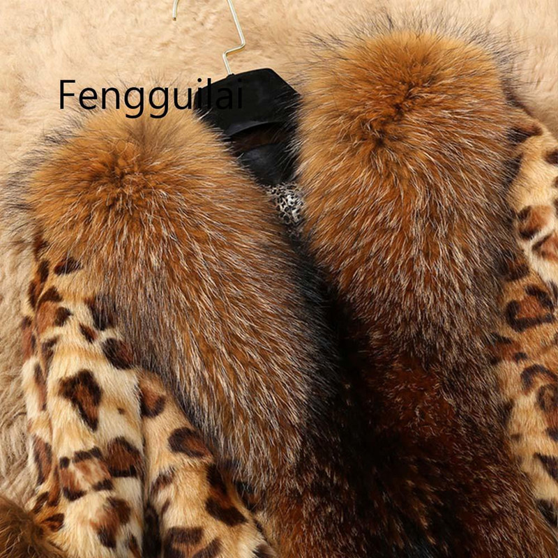 2023 autumn and winter fur coat female medium-long leopard pattern imitation raccoon fur collar wool warm coat middle-aged fur