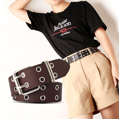 New personalized double exhaust eyelet women's belt, fashionable rivet decorative trouser belt, trendy wide belt for stall supply