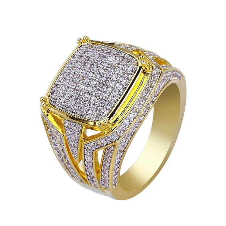 Chenrui New Gold Plated Square Men's Full Diamond Ring European and American Double Color Engagement Ring Cross-border Supply