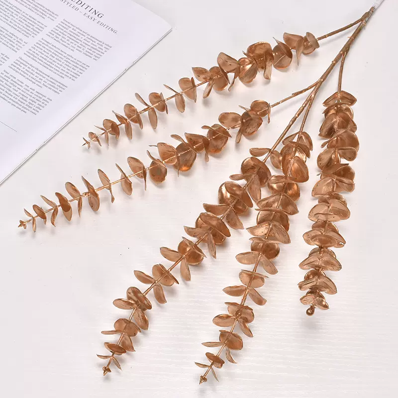 5叉软胶尤加利金钱叶仿真花北欧婚庆婚礼堂装饰插花绿植假花