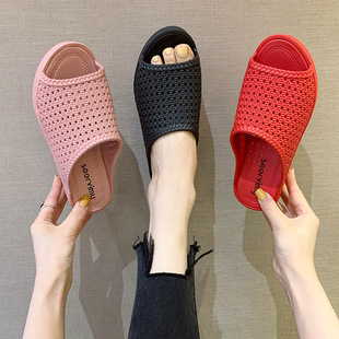 New Summer Sandals for Women, Versatile Thick-Soled Wedge Heels, Fashionable Outer Beach Shoes, Mesh Hollow Non-Slip Women's Slippers