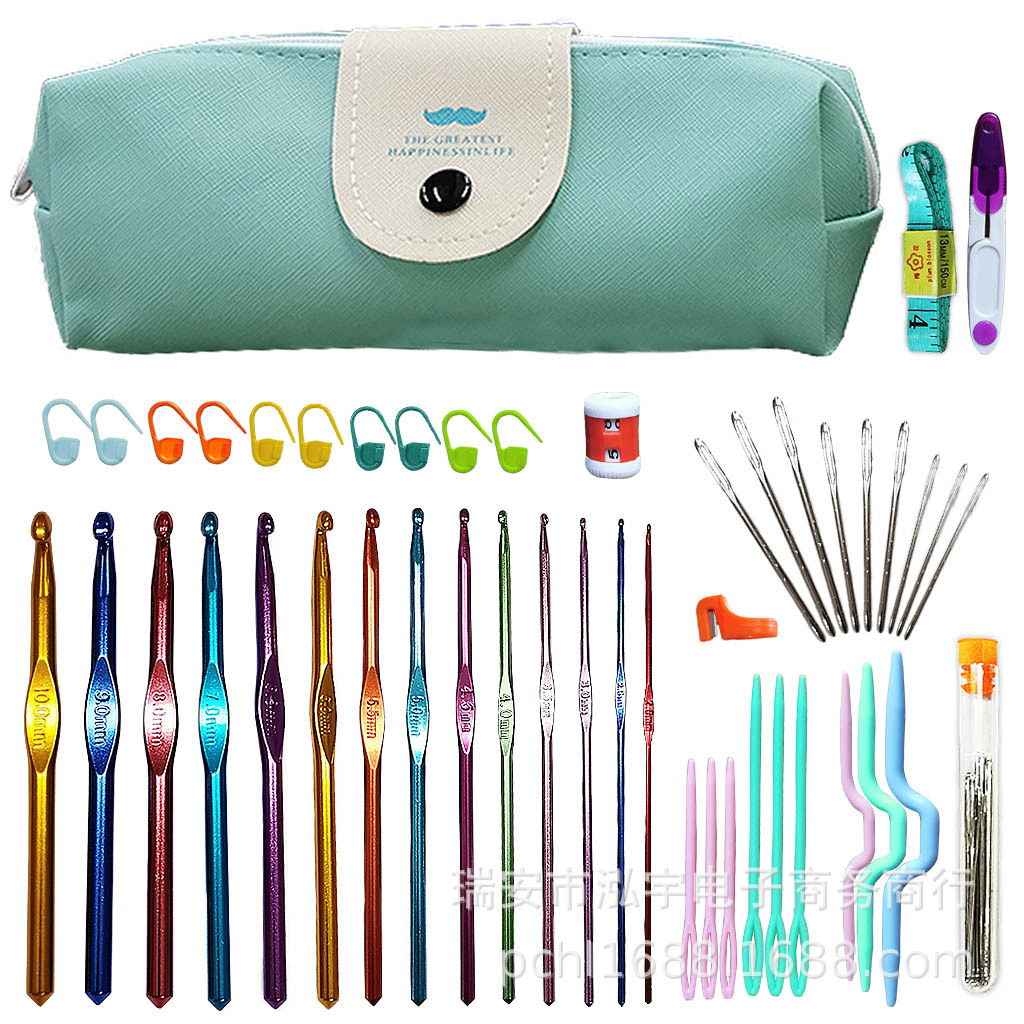 14 accesorios de crochet más bolso de crochet de PU azul