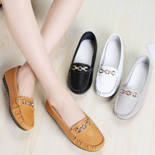 Women's Leather Beanpole Shoes for Middle-Aged and Elderly Mothers, Flat Leather Shoes, New Soft Sole Casual Single Shoes