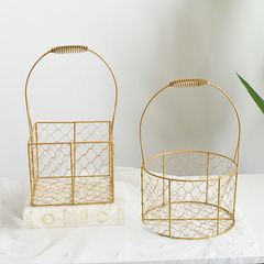 New Style Iron Gold Round Serving Basket Wedding One-Month Package Basket Metal Gift Basket Handheld