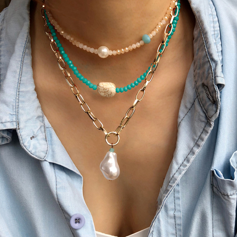 European and American cross-border crystal beaded multi-layer necklace turquoise pearl pendant new choker clavicle chain large gold jewelry