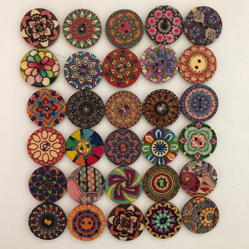 15/20/25mm Vintage Round Wooden Buttons with Painted Prints, Two-Hole Wooden Buttons, DIY Handicraft Accessories