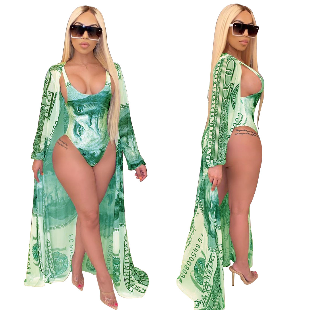 A8560 European and American Women's 2020 Swimwear Fashion Casual Printed Cloak + Bikini Split Swimsuit with Belt