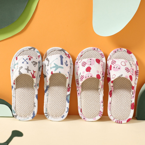 Spring and Summer Korean Style Parent-Child Indoor and Outdoor Linen Slippers for Women, Home Furnishing Fabric Wood Floor Children's Cool Slippers Wholesale