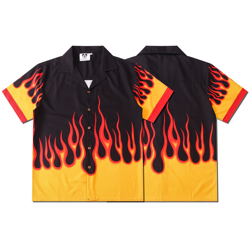 Europe and the United States cross-border foreign trade retro fashion brand flame digital printing couple street casual loose short sleeve shirt for men and women