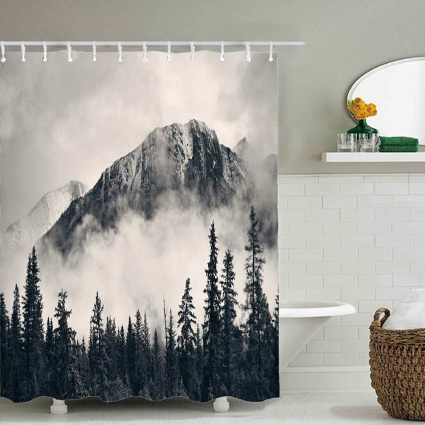 Cross Border Hot Sale Amazon AliExpress Shower Curtain Shower Curtain Forest Snow Mountain Sunrise Bathroom Polyester Waterproof Shower Curtain