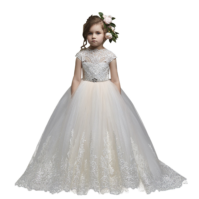 Nueva Europa y América del comercio exterior de los niños encaje vestido sin mangas backless cumpleaños anfitrión rendimiento niña mullido vestido