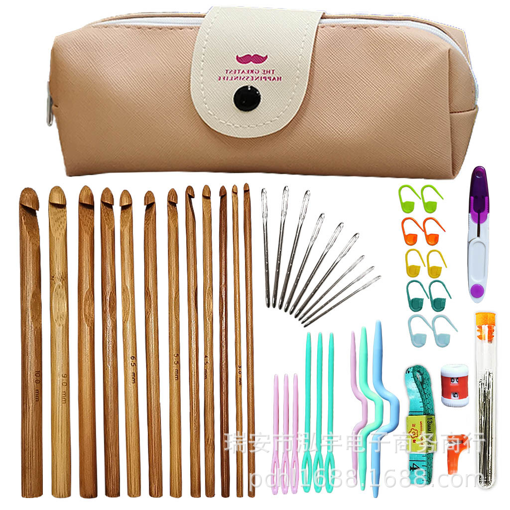 Herramientas de tejer suéter aguja tejido exquisito ganchillo de bambú carbonizado cilíndrico crochet conjunto de 12 bolsas de tamaño