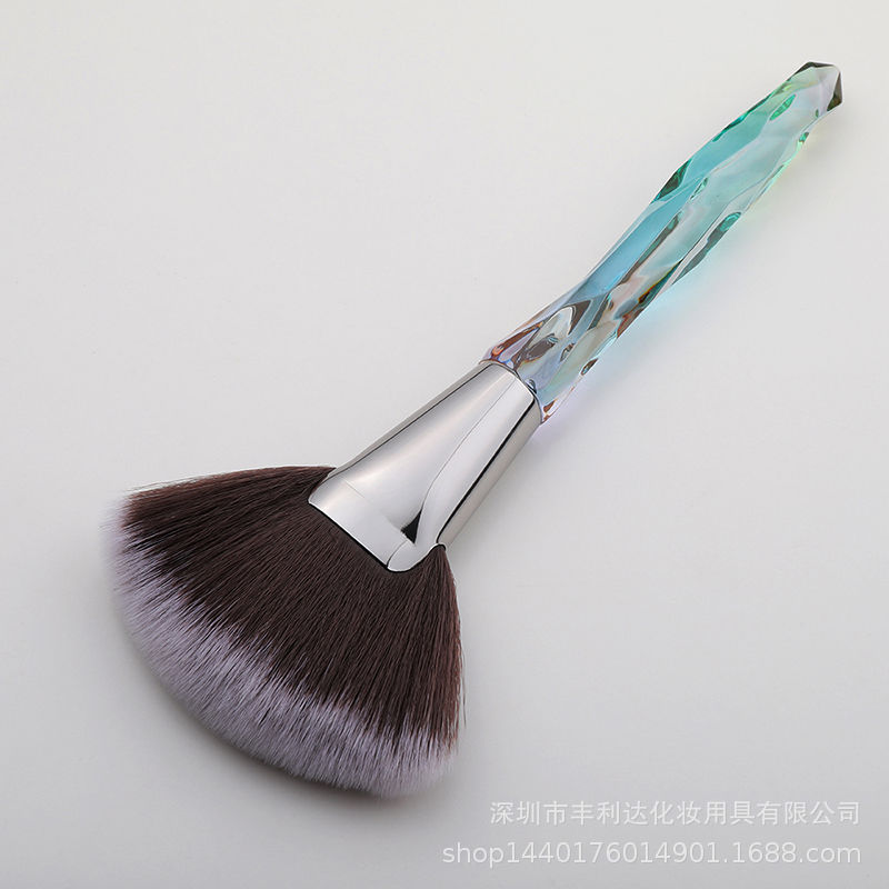 Fenglida cepillo en forma de abanico grande de un solo soporte, cepillo de alto brillo de maquillaje facial portátil, cepillo de polvo suelto, mango de cepillo de alto brillo de cristal dedicado
