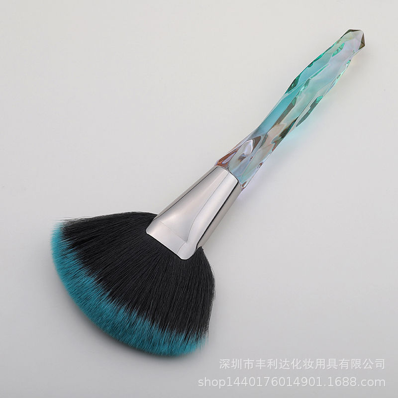 Fenglida cepillo en forma de abanico grande de un solo soporte, cepillo de alto brillo de maquillaje facial portátil, cepillo de polvo suelto, mango de cepillo de alto brillo de cristal dedicado