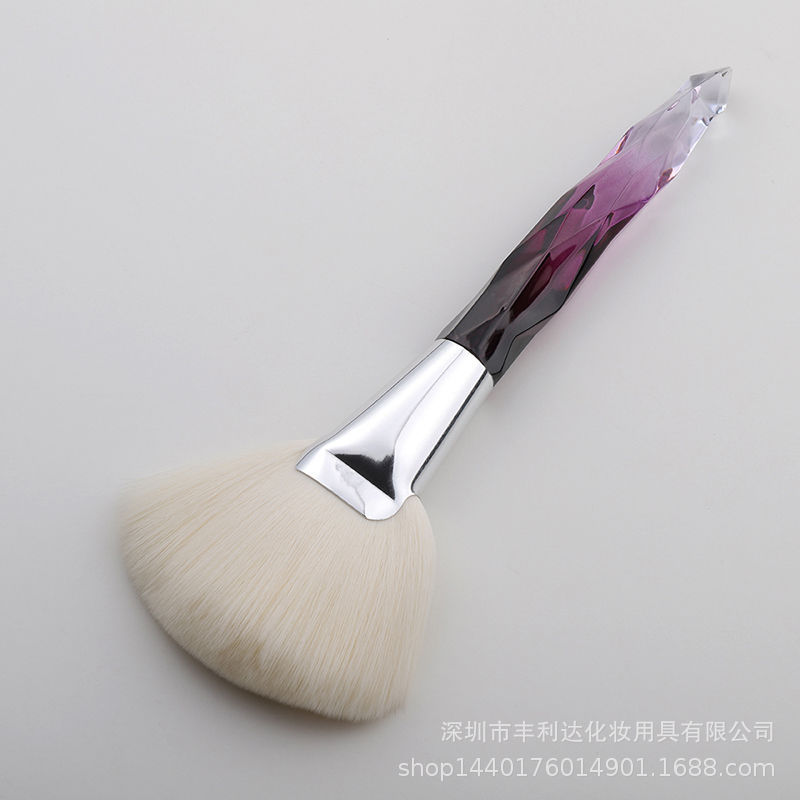 Fenglida cepillo en forma de abanico grande de un solo soporte, cepillo de alto brillo de maquillaje facial portátil, cepillo de polvo suelto, mango de cepillo de alto brillo de cristal dedicado