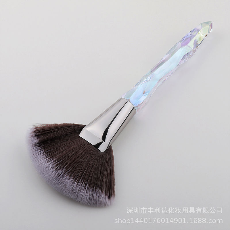Fenglida cepillo en forma de abanico grande de un solo soporte, cepillo de alto brillo de maquillaje facial portátil, cepillo de polvo suelto, mango de cepillo de alto brillo de cristal dedicado