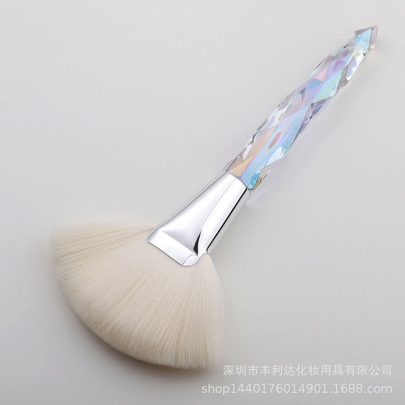 Fenglida cepillo en forma de abanico grande de un solo soporte, cepillo de alto brillo de maquillaje facial portátil, cepillo de polvo suelto, mango de cepillo de alto brillo de cristal dedicado