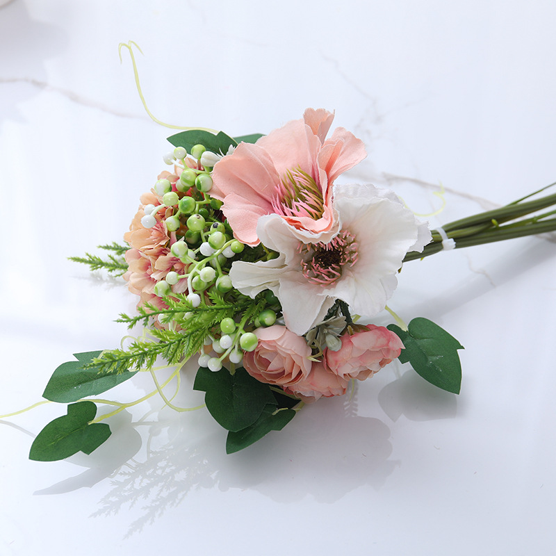 Arte de flores de ramo nórdico, decoración de escritorio para el hogar, hortensias, mezcla y combinación de flores falsas, plantas verdes, amapolas, decoración de flores artificiales