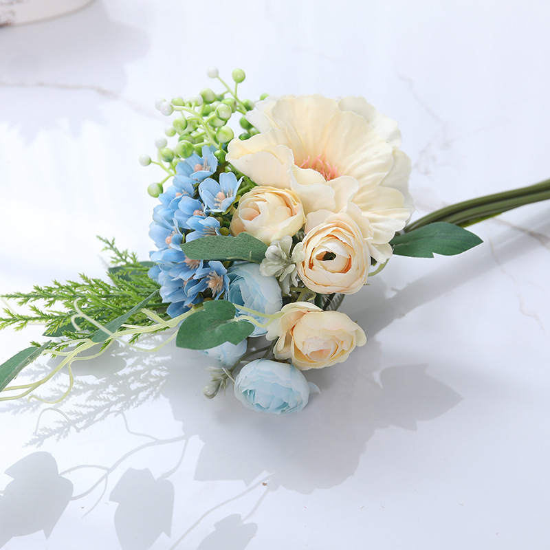 Arte de flores de ramo nórdico, decoración de escritorio para el hogar, hortensias, mezcla y combinación de flores falsas, plantas verdes, amapolas, decoración de flores artificiales
