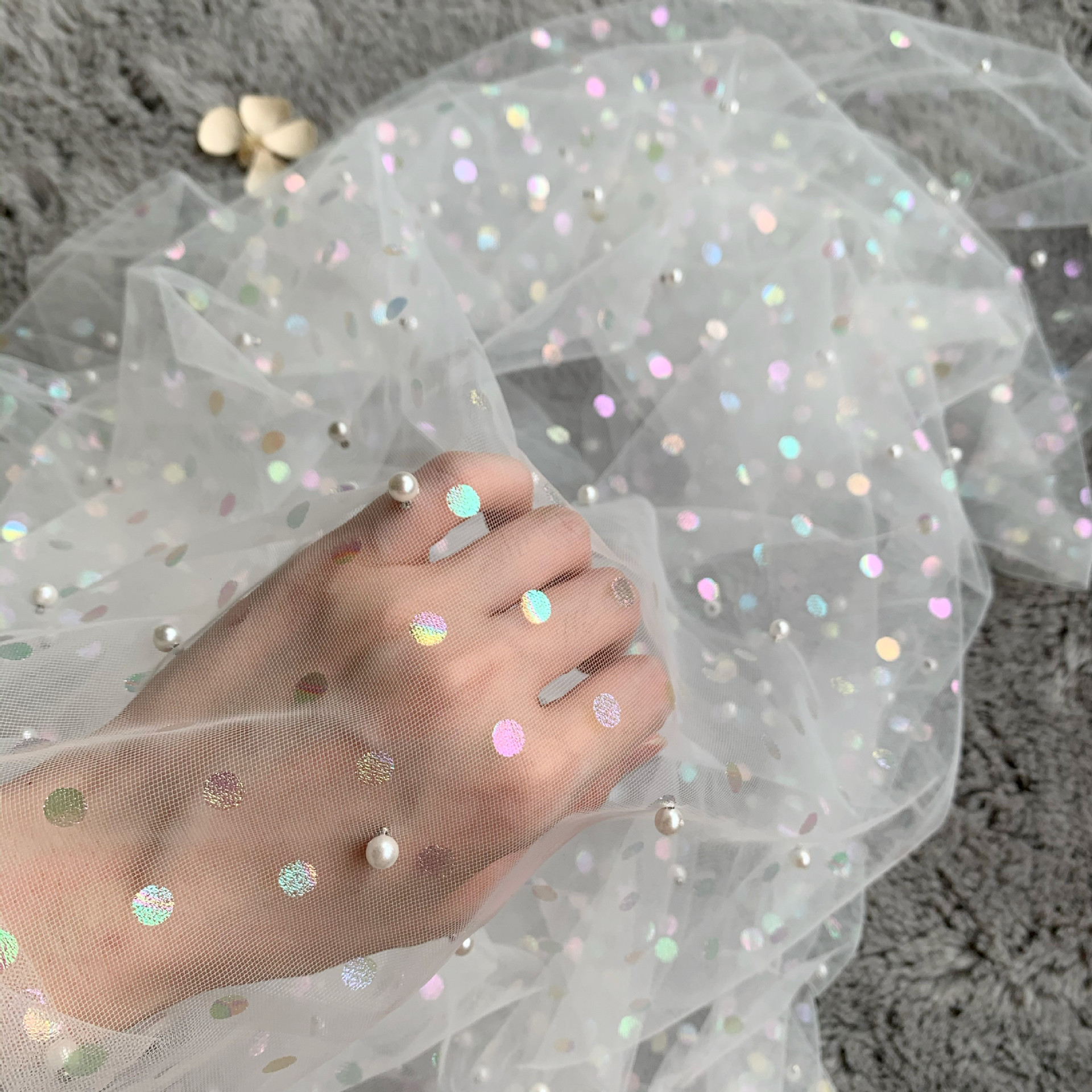 新款网眼布七彩烫金幻彩圆点钉珠网纱童装洛丽塔礼服仙气汉服面料